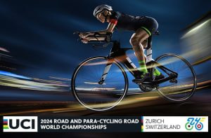 Ciclista in azione + logo Mondiali ciclismo 2024