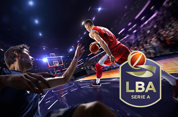 Giocatori di basket in azione e logo LBA