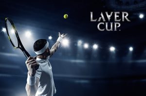 Tennista in battuta e logo della Laver Cup