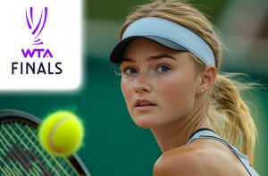 Tennista in azione. logo WTA Finals