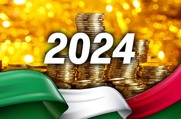 Pila di monete, scritta 2024 e bandiera italiana