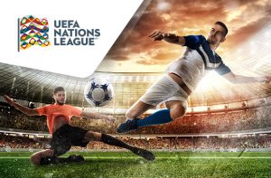 Giocatori in azione e logo UEFA Nations League