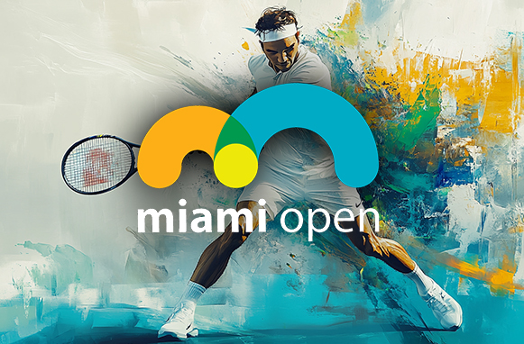 Tennista in azione, logo Miami Open